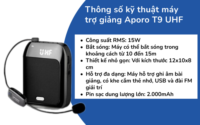 Thông số kỹ thuật máy trợ giảng Aporo T9 UHF