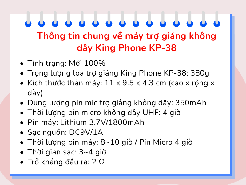 Thông số kỹ thuật máy trợ giảng King Phone KP-38
